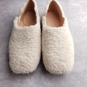 J Crew Faux Fur Ballet Flats Inside-Out Sherpa Elastic Slip-on Comfort Beige 6.5